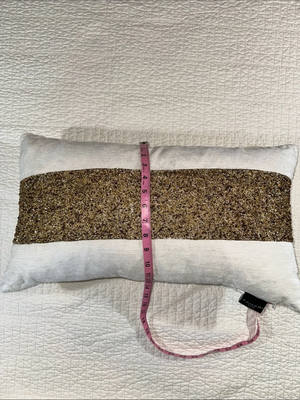 TAHARI White Velvet Down Filled Beaded Pillow Gold Lumbar like new - Picture 6 of 6